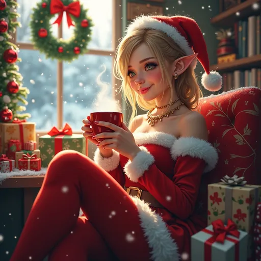 Prompt: Photorealistic (Santa's workshop scene), a beautiful female elf, sitting elegantly, sipping a steaming cup of hot chocolate, cozy atmosphere, warm lighting, festive decorations, surrounded by colorful gifts, vibrant hues of red and green, gentle snow falling outside, whimsical and cheerful ambiance, detailed facial features, wearing a charming holiday outfit, ultra-detailed, captivating illustration.