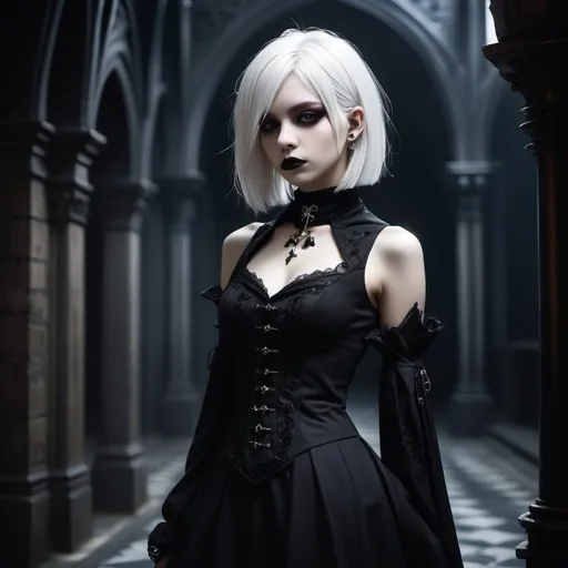 Prompt: (goth style), (1 girl), bleached-white hair, straight hairstyle, (revealing outfit), score_9, score_8+, score_7+, score_6+, dramatic lighting, high contrast, moody ambiance, alternative fashion elements, vibrant dark colors, emotionally captivating scene, ultra-detailed, atmospheric backdrop featuring gothic motifs, creating a striking visual narrative.