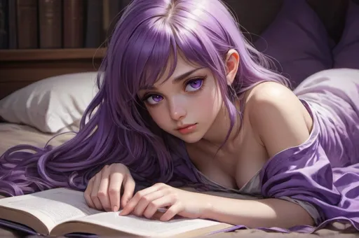 Prompt: Anime drawing of a girl reading lying on stomach purple-eyed, Artgerm style, fantasy setting, detailed book with bookmark, highres, anime, fantasy, Artgerm, detailed purple eyes, bed reading, book in lap, anime drawing, professional, atmospheric lighting