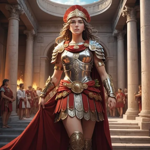 Prompt: (anime illustration of a female Roman centurion), elaborately designed and decorated outfit, long wavey hair,  laurel wreath, festive reception in the Roman Empire, full body shot, vibrant and rich color tones, high depth cinematic scene, celebratory and grand atmosphere, Roman architecture and decorative elements in the background, ultra-detailed, 4K quality, intricate details and fine textures, exquisite craftsmanship in the armor, dramatic lighting highlighting the figure