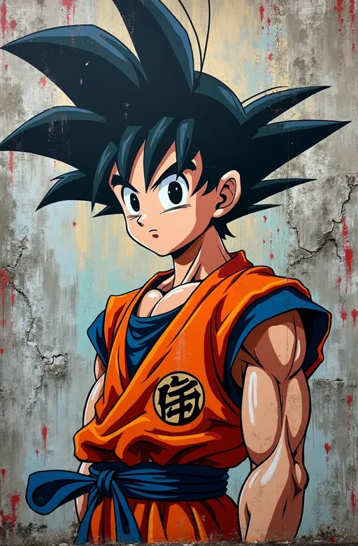 Prompt: A gritty, urban mural of an iconic anime character (young dr goku, dragonball) painted on a weathered concrete wall. The mural features the character with spiky black hair, intense eyes, and wearing a bright orange gi with a bold kanji symbol on the chest. The wall is heavily textured, with cracks, chipped paint, and splashes of graffiti blending into the artwork. The colors are vibrant yet slightly faded, emphasizing the realism of the worn-out setting. The atmosphere is raw and rebellious, with warm tones of rust orange and crimson clashing against cool shades of blue and gray. The lighting is diffused, mimicking natural sunlight filtering through a cloudy urban skyline. The composition is close-up, capturing the character’s intense expression and the intricate details of the mural. The mood evokes strength, defiance, and nostalgia. Rendered in a hyperrealistic graffiti art style, with fine details and a focus on the interplay of light, texture, and color