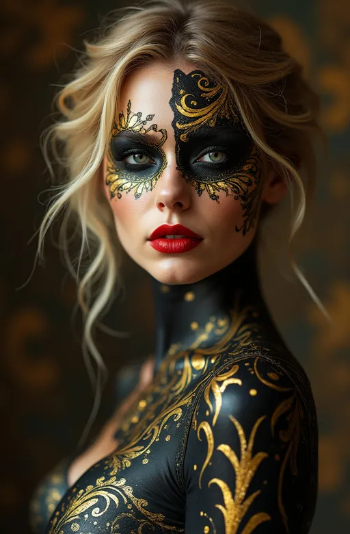 Prompt: baroque style, hyperrealistic image of a woman, intricate body paint design, skin segmented in rich (black) and (gold) colors, patterns featuring flowing lines and elegant dots, dramatic lighting highlighting textures, lush background with opulent elements, baroque elegance and grandeur, ultra-detailed, captivating and exquisite composition, warm tones creating an inviting atmosphere. The face features an asymmetrical mask-like effect, with one eye highlighted in gold and the other in black, complemented by matching eyeshadow. The lips are a vibrant red, contrasting with the face paint. The figure's blonde hair is tousled, enhancing the fantastical element. The image should blend the precision of hyperrealism with the creativity of fantasy body art.