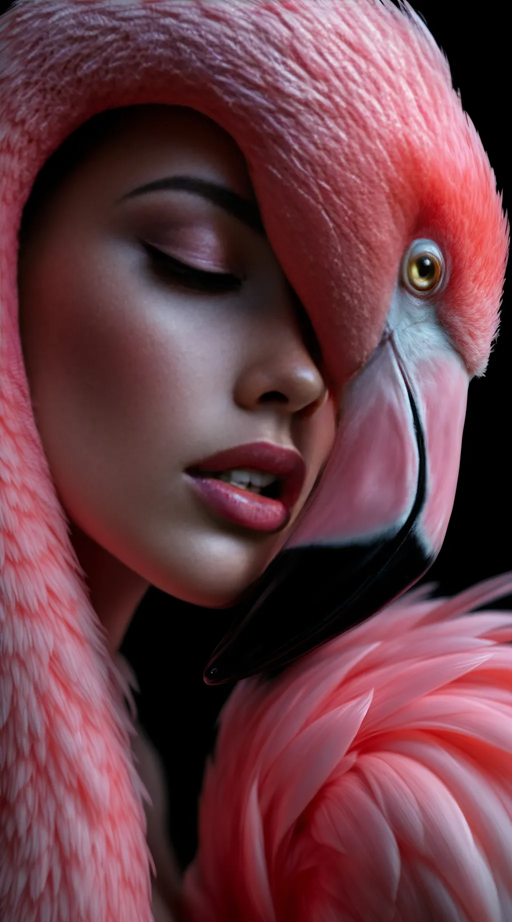 Prompt: Hyperrealistic fashion editorial portrait. Mid shot. A stunning woman's face is wrapped by a pink flamingo's elegant neck, its soft feathers merging with her skin. Flamingo's beak rests along her cheek, framing her lips. Woman's eye is closed, dark lashes casting a shadow. Flamingo's eye is sharp and detailed, contrasting with the soft composition. Deep black background enhances contrast. Dramatic lighting highlights textures and flawless skin. Elegant, mysterious, luxurious, dreamlike. Moody, cinematic film still, subtle lens flare, shallow depth of field, bokeh, high-end fashion photography, avant-garde, beauty, nature, harmony, surreal, Annie Leibovitz, Richard Avedon, high-fashion, Full HD, best