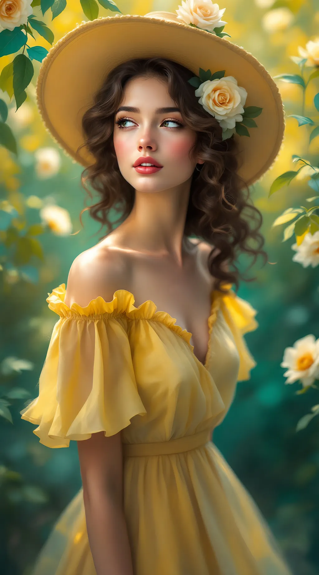 Prompt: A romantic impressionist portrait of a young woman in a sunlit garden, wearing a flowing (yellow:1.4) dress with ruffled sleeves and a wide-brimmed hat adorned with (white roses:1.6). Her expression is serene and graceful, eyes glancing softly to the side, with delicate (curls:1.3) framing her face. The painting is done in a (Monet-inspired:1.5) style, with soft brushwork and visible paint textures. The background is a dreamy mix of teal and gold foliage, evoking a warm summer breeze. (Graceful movement:1.4) is suggested in the light sway of her dress and the (dappled sunlight:1.2) on her shoulders. Color palette: golden yellow, mint green, soft white. Lighting: natural and diffused, emphasizing warmth and tenderness. Mood: nostalgic and painterly. Composition: vertical portrait, subject slightly off-center, brushstroke texture emphasized. Medium: oil on canvas, visible impasto. Signature detail: Monet-style flower shapes blending into background.