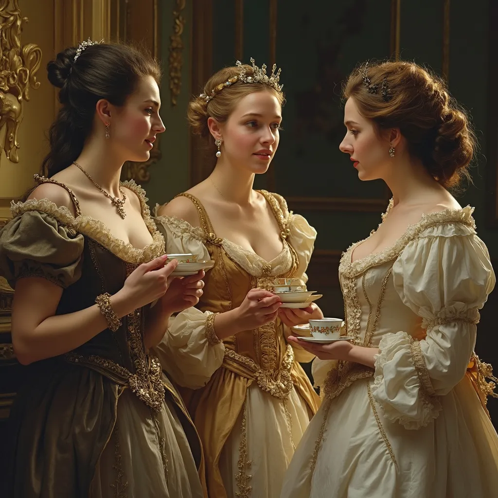 Prompt: (baroque style), full body wide shots shot, (realistic oil painting), three women in lavish baroque outfits, standing, engaged in a lively conversation over cups of tea, delicate porcelain teacups, intricate lace and embroidery details, elegant hairstyles, softly lit atmospheric room, lavish architecture in the background, reminiscent of Napoleonic France, dramatic yet warm tones, inspired by the works of Jacques-Louis David, Vasily Vereshchagin, and Édouard Detaille, (ultra-detailed)