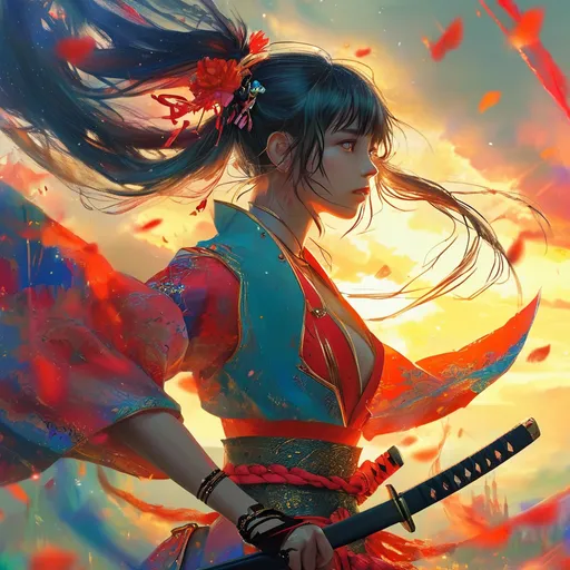 Prompt: anime illustration, (beautiful enchanting young oni), dressed in an elaborately decorated skimpy fighter outfit, wielding a katana, very long hair flying wildly in the wind, (colorful and mystical aura), dramatic sky filled with stars and fog, bright colors, enchanting atmosphere, (vibrant), highly detailed, 4K, captivating, dreamlike calidad, magic-infused landscape, intricate nuances in design, full body shot.