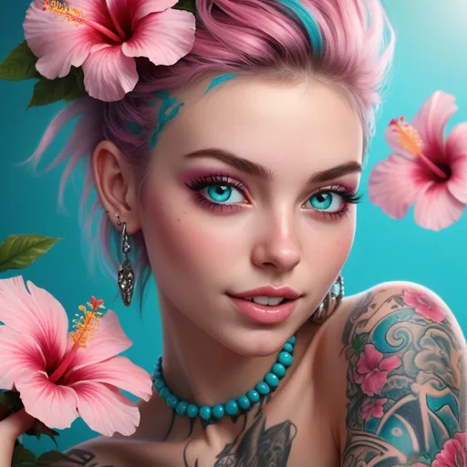 Prompt: Hyperrealism, extreme close-up Portrait of a beautiful, stunning unique female character. She has large turquoise eyes filled with joy and excitement, extravagant eyelashes, making this image a masterpiece of photography and digital art. Style: realistic hyper-detailed rendering, 32k UHD, expressive eyes, punk, graphic design, pink hibiscus tattoo, girl's face, side view, pretty and cute, gleaming lips, white skin, telling a tale of adventure. Exuding confidence and serenity. Vibrant tattoos adorn her sun-kissed skin