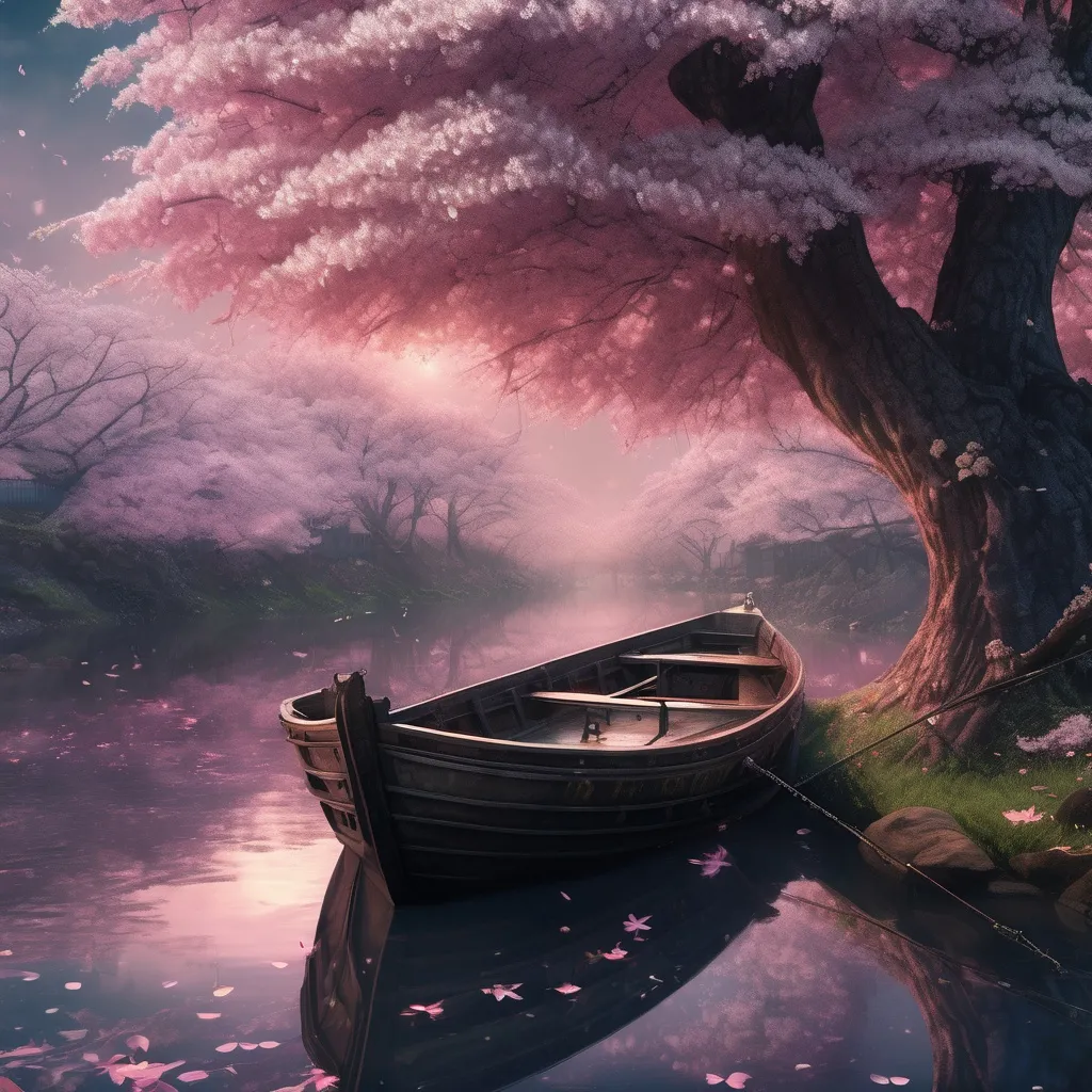 Prompt: a boat in the middle of the cherry blossoms, in the style of lush scenery, fairycore, ultra detailed, intricate details, beautiful, octane, dramatic light, ambient lighting, by greg rutkowski and magali Villeneuve, foggy background, epic realistic, rutkowski, intricate details, hyperdetailed, cinematic, rim light, muted colors, (horror, dark, sad:1.5)