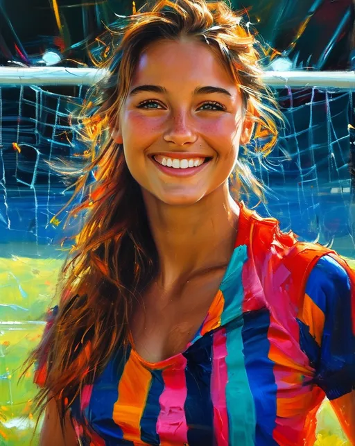 Prompt: oil painting, portrait, (cheerleader), radiant smile, big makeup, dynamic pose, full body shot, sporty soccer outfit, vibrant colors, energetic ambiance, cheerful atmosphere, high contrast lighting, ultra-detailed, playful spirit, lively scene capturing confidence and athleticism, perfect balance between action and elegance, cinematic quality with a vivid background.