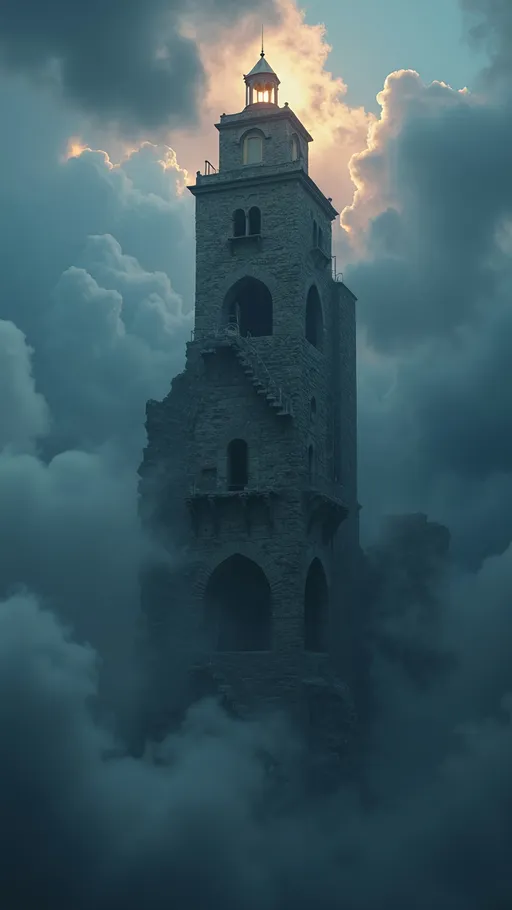 Prompt: A towering, timeworn beacon rises impossibly from the heart of a roiling thundercloud, suspended far above the earth. The structure is built from ancient, eroded masonry, its stone surface fractured and scarred by centuries of exposure. Portions of the exterior reveal a winding staircase clinging to the tower’s outer wall, glimpsed through collapsed arches and open stone gaps. Beneath the tower, dense storm vapor churns with muted flashes of lightning pulsing deep within the cloud mass. The surrounding sky is heavy and dramatic, painted in deep blues and charcoal tones with faint traces of twilight bleeding through the gloom. A solitary glow burns within the lantern chamber at the summit, casting a gentle, radiant beam that cuts through fog, mist, and shadow. The scene blends grounded architectural realism with dreamlike impossibility, lit cinematically with volumetric illumination, high dynamic range contrast, and sharp, dramatic light falloff, evoking a surreal, otherworldly photograph rendered at extreme clarity and depth.