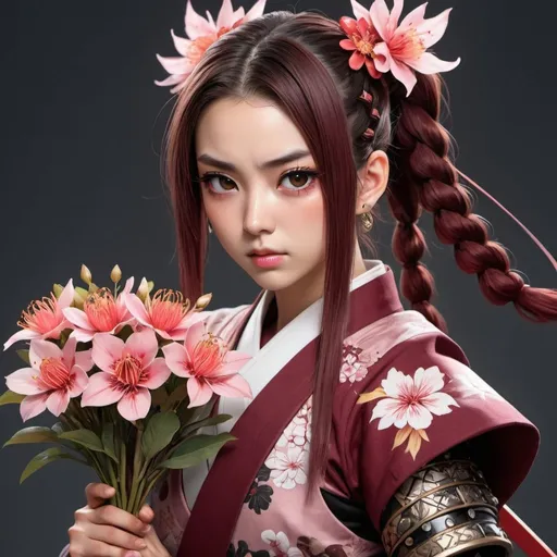 Prompt: 2D, Illustration, Action Pose, Full Body, Kawaii, Kaleidoscope, Wide Angle, Masterpiece, High Resolution, Ultra Detailed, Detailed Face, Detailed Eyes, 1 Japanese (Handsome:1.5) Demonic Samurai Woman, 18yo, Maroon Hair, Single Eyelid, Black Eyes, High Ponytail, Braid, Thick Eyebrow, (Athletic:1.3), Tall, (Brown Skin:1.3), Armor, Holding a Bouquet of Flowers, Glass Bead Accessory, (Serious:1.3), Shy, Blush, Sakura, Fire
