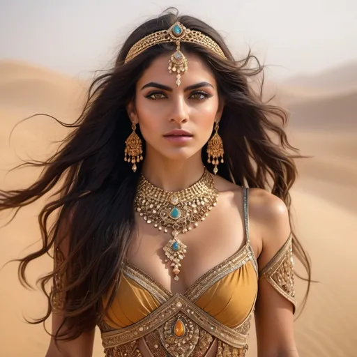 Prompt: closeup portrait of 1 young Persian princess, skimpy royal clothing, makeup, jewelry, wind-blown long hair, symmetric, desert, ((sands, dusty and foggy, sand storm, winds)) bokeh, depth of field, centered