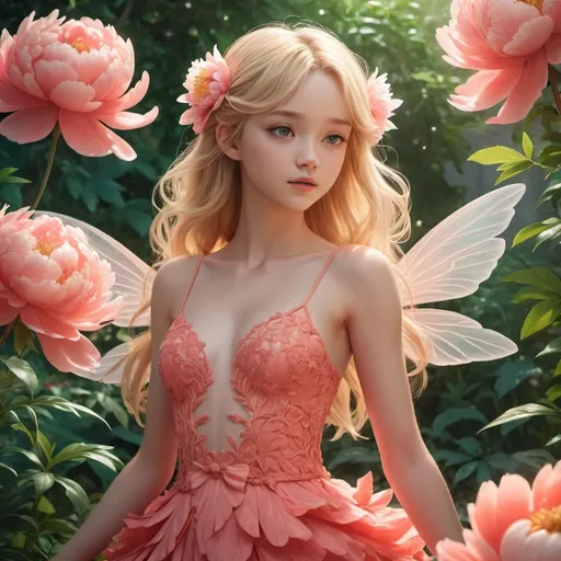 Prompt: anime illustration (CGI, Masterpiece of art), young peony fairy with blonde long hair, with coral peony wings, very detailed cut-off coral colour dress, in fascinating coral peony garden, the lighting is soft and dreamy, realistic style, full body shot.