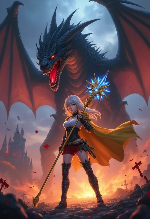 Prompt: A heroic female warrior stands defiantly in front of a towering, menacing black dragon with glowing red fissures across its scales. She wields an ornate golden staff with a radiant blue gem at its core, its spiked halo glowing with divine energy. The battlefield is littered with broken crosses, crimson blood splashes, and embers from a raging inferno, as a gothic castle looms in the distance under a stormy twilight sky. Her outfit is a mix of adventurer and mage, featuring a white blouse, short red shorts, thigh-high black leather boots with intricate patterns, and a yellow cape fluttering in the wind. Her determined golden eyes reflect the fire, and her stance is wide and battle-ready, exuding confidence and power. The composition is dynamic, with a low-angle shot emphasizing her dominance over the dragon. Dramatic lighting, with backlit fire and blue magical energy, creates a cinematic contrast. The art style is a fusion of high-detail anime and fantasy illustration, reminiscent of Fate/Grand Order and Atelier Ryza, with sharp, polished linework, vivid colors, and a painterly touch on textures like leather, metal, and scales. The scene is rich in movement, with swirling embers, wind-blown fabric, and the dragon’s fiery breath illuminating the warrior’s determined face