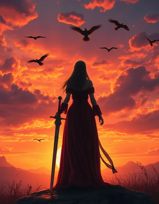 Prompt: (woman in a long dress, holding a sword), (sunset with dramatic colors), (birds flying overhead), (Anato Finnstark style), (fantasy art), (epic fantasy character art), character portrait from behind, majestic atmosphere, vibrant hues of orange and purple in the sky, enchanting and adventurous mood, high detail, 4K resolution, cinematic quality.