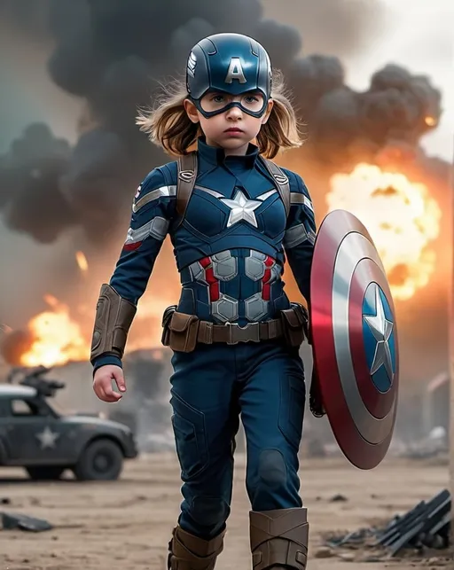 Prompt: Masterpiece, cgi, 8k, captain america as young girl on a future battlefield, full body shot
