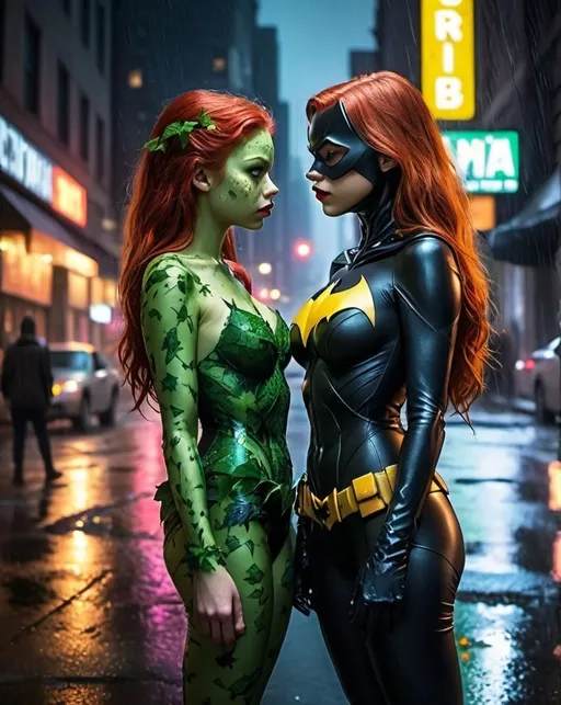 Prompt: high resolution, 4k, detailed, high quality, professional, wide view, young poison ivy girl and young batgirl,Perfect voluminous body, face to face, Enemies, Angry facial expression, lonely side street, at night, neon lights, gotham city, raining, full body shot.