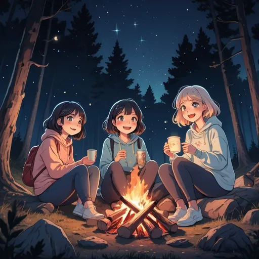 Prompt: High quality anime-style illustration of three girls sitting around a campfire in a forest clearing at night, clear starry sky, picnic vibes, cheerful atmosphere, telling ghost stories, detailed facial expressions, cozy and warm lighting, vibrant colors, starlit sky, detailed eyes, anime, night scene, ghost stories, picnic, cozy atmosphere, cheerful, high quality, detailed art