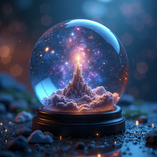 Prompt: (surreal image), close-up, a snow globe encapsulating the vast universe, intricate cosmic elements swirling inside, vibrant starfields, rich nebulae, illuminated planets, reflective glass surface capturing soft ambient light, dreamlike atmosphere, captivating depth, cosmic insignias, ethereal, celestial hues of blue and purple, (ultra-detailed), (high-quality).