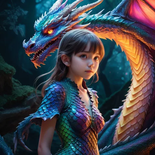 Prompt: Full body shot of a young girl slowly morphing into a dragon, high-res, ultra-detailed, anime, fantasy, transformation, detailed scales, vibrant colors, mystical atmosphere, gradual metamorphosis, intricate details, magical, fantasy setting, vibrant colors, professional, atmospheric lighting