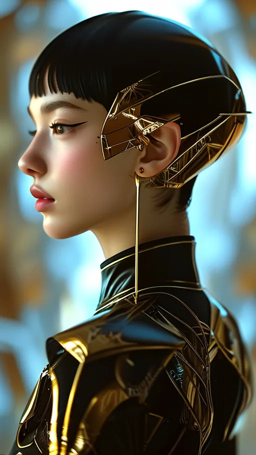 Prompt: Bioluminescent, A stylized portrait of a woman in profile, her head turned to the right, gazing away from the viewer with a contemplative expression. Her short, blunt black hair is partially obscured by an intricate, metallic headpiece reminiscent of futuristic armor. The headpiece is highly detailed with gold, silver, and purple accents, reflecting light in a way that suggests a luminescent quality. The woman possesses a youthful, pale complexion with rosy cheeks and lips painted a delicate pink. A single piercing adorns her upper ear, from which hangs a long, thin, golden earring with elaborate tassels. She wears a high-collared, black garment with voluminous sleeves and golden embellishments. Her right hand gently touches her chin, while her left hand rests near her waist. The background is a complex, abstract composition of geometric shapes, reminiscent of a bustling, futuristic cityscape rendered in a warm palette of golds, blues, and oranges. The overall composition utilizes a shallow depth of field, drawing focus to the subject's face and the iridescent sheen of her attire. Light sources appear diffused, casting soft shadows that accentuate the subject's features and the textures of her clothing. The scene evokes a sense of quiet contemplation amidst the vibrant chaos of a technologically advanced world, inviting the viewer to ponder the woman's story and the society in which she exists.