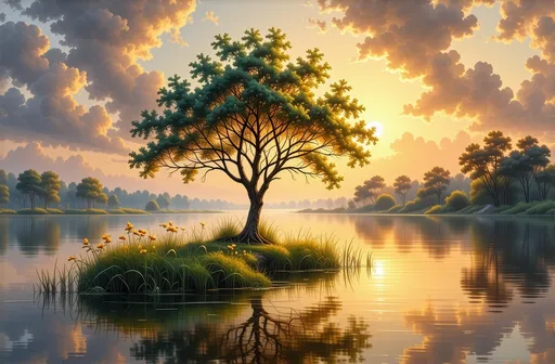 Prompt: a painting of a tree near a body of water, romanticism landscape painting, fantasy landscape painting, landscape painting, dream scenery art, colorful landscape painting, landscape art, beautiful fantasy painting, very beautiful digital art, romanticism painting, scenery artwork, fantasy art landscape, painting of landscape, nature painting, beautiful gorgeous digital art, beautiful painting, beautiful digital art