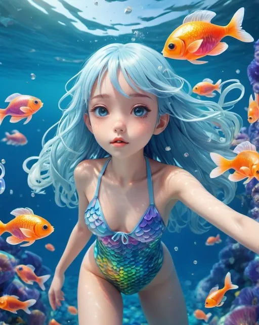 Prompt: masterpiece, ultra high detailes, anime-style, 3d rendering, sweet girl in dive in underwater colorful sea, Swimsuit made of shiny fish scales, long light blue hair made of jellyfish, colorful fish, whole body including feets, Photographed from a distance.