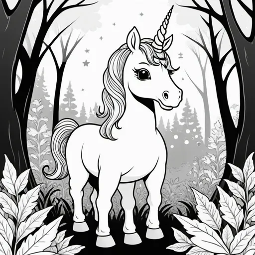 Prompt: Coloring image for kids 4-8 years old, unicorn in a forest, crown on the head, black and white, without shades, cartoon stule