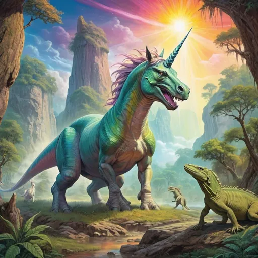 Prompt: Unicorn and giant lizard time travel to 15000 BC, detailed mythical creatures, vibrant fantasy painting, lush prehistoric landscape, magical aura, high quality, fantasy, time travel, detailed creatures, vibrant colors, prehistoric setting, magical atmosphere