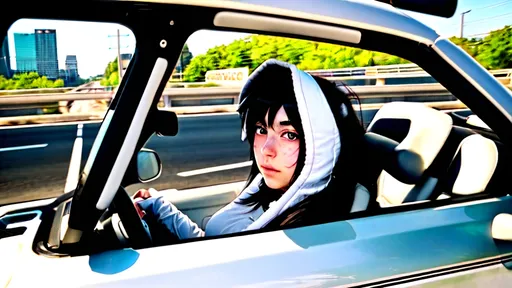 Prompt: Draw a photo in which a female anime character is clearly visible riding white dodge challenger on a highway, where she is clearly visible sitting in driver seat from drivers window