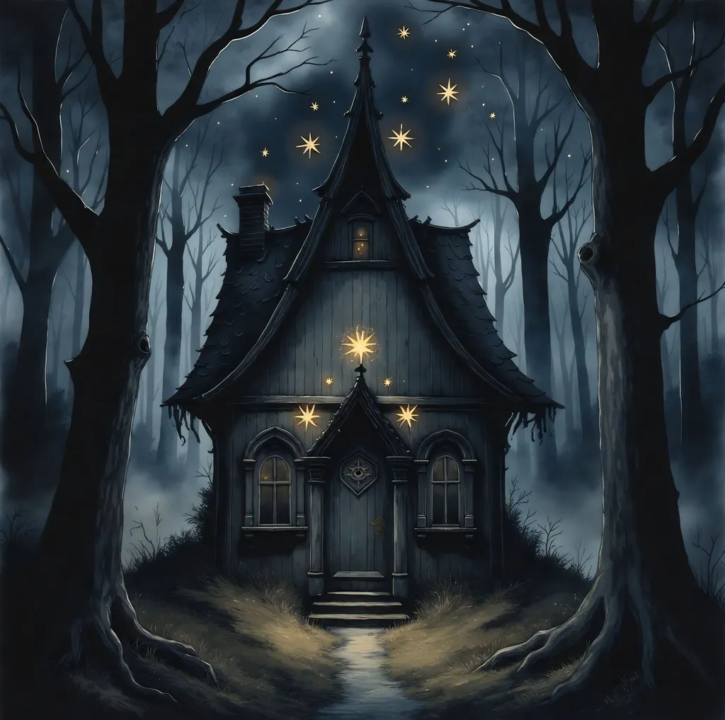 Prompt: A thin black Gothic shack in the woods at night. Anato Finnstark, gothic art, dark fantasy art, a storybook illustration, watercolor