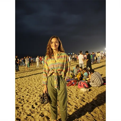Prompt: A young woman stands confidently on a sandy beach at night, exuding a relaxed vibe in her vibrant, patterned shirt and olive green pants. Her wavy hair falls loosely around her shoulders, framing her face as she smiles softly, holding a pair of sandals in one hand. Surrounding her, a lively crowd of people mingles, some seated on the sand and others walking by, add to the festive atmosphere softened by the low light. The scene is illuminated by distant lights, highlighting the varied clothing patterns and colors of the group, while the dark night sky looms above, creating a contrast that enhances the warmth of the beach setting. The overall mood captures a blend of leisure and social interaction under the stars.