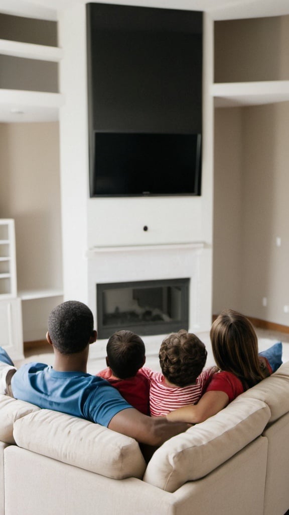 Prompt: A family of 5 sitting on a couch watching tv