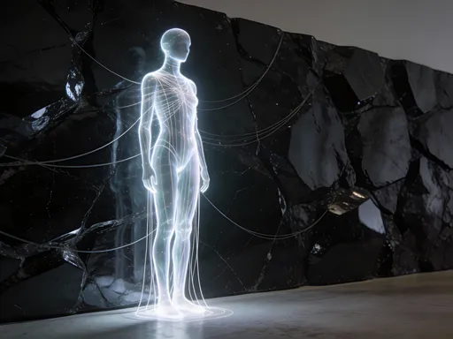 Prompt: Create a human made of strings, glowing and transparent. The figure is thin and tall. The background is like obsidian wall.