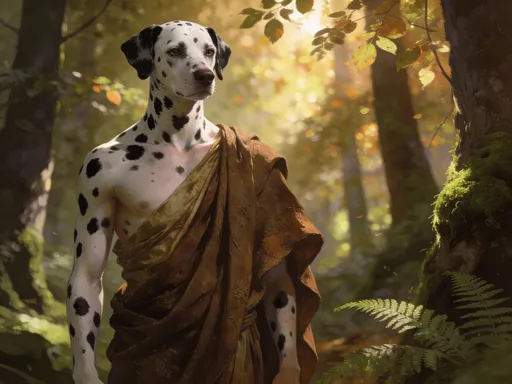 Prompt: Creat a human being with a Dalmatian skin, standing in the forest. Wearing ancient brown toga.