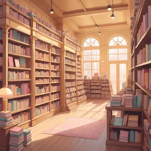 Prompt: an image of a Bookstore in the style of kawaii charm, golden palette, catcore, dreamy color palette, bayard wu, subtle use of shading, furry art 