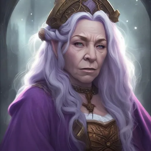 Prompt: fantasy, portrait, dwarf, feminine, robes, woman, stern, magic, mage, old, wise, purple, blue, white
