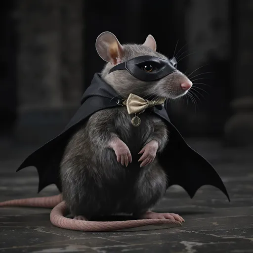 Prompt: A posh rat named DaRatt. He's slick stylish and likes to give back to everyone like robinhood.  He has a mask like Robin and a cape like batman. 