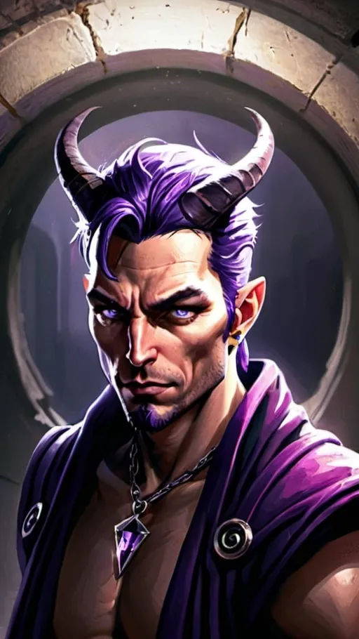 Prompt: a man with purple hair and horns standing in a tunnel with a purple robe and purple hair and a purple necklace, Clint Cearley, fantasy art, epic fantasy character art, a character portrait