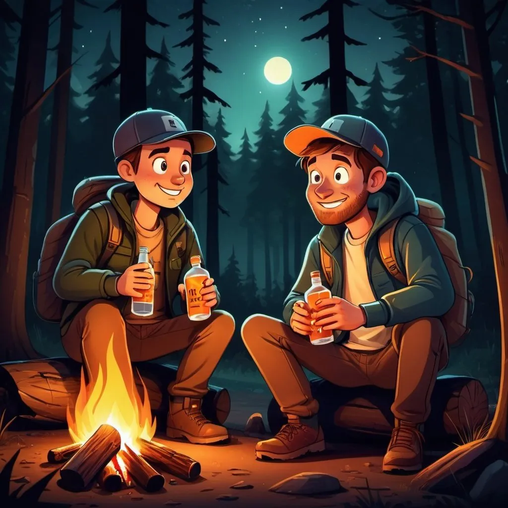 Prompt: Cartoon-style illustration of two friends by a campfire in a dark forest at night, glowing firelight casting warm hues, cartoon vodka bottle, friend wearing a cap with 'GASBET' written on it, forest setting, detailed facial expressions, high quality, cartoon, night scene, warm lighting, atmospheric forest, detailed characters