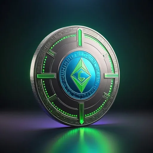 Prompt: Detailed 3D rendering of GAS TOKEN crypto coin, high definition, metallic finish, futuristic holographic display, glowing blue and green accents, professional, ultra-sharp details, hi-tech, cutting-edge, digital currency, sleek design, premium quality, modern, vibrant lighting