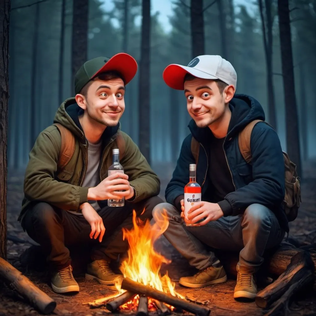 Prompt: 2 friends in forest night near fire with vodka cartoon mode oneman in cap on cap written GASBET 
