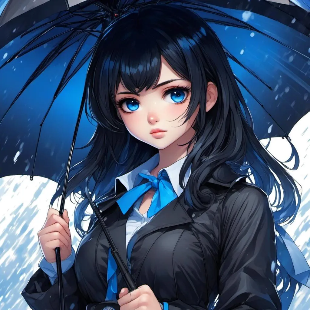 Prompt: <mymodel>High-res anime illustration of a girl with symbol-shaped pupils, black gloves, black hair, and clothing in shades of black and blue, holding a blue umbrella, with an absurd level of detail, ahoge hair, crossed bangs, blue eyes with a blush expression, collared shirt, hair ornament, focused gaze, best quality, ultra-detailed, anime, cute, detailed eyes, professional, atmospheric lighting, rainy day