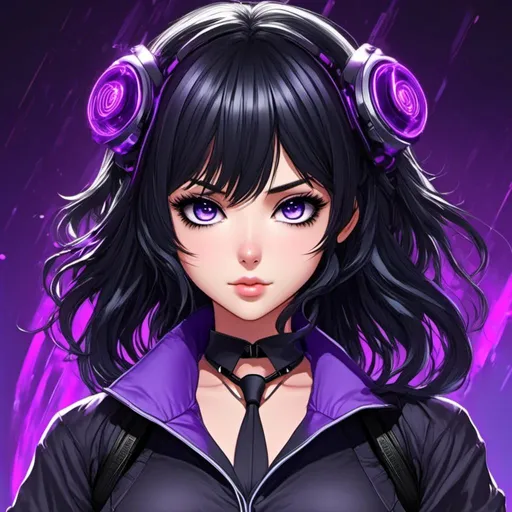 Prompt: <mymodel>High-res anime illustration of a girl with symbol-shaped pupils, black gloves, black hair, and clothing in shades of black and purple, with an absurd level of detail, ahoge hair, crossed bangs, blue eyes with a blush expression, collared shirt, hair ornament, focused gaze, best quality, ultra-detailed, anime, cute, detailed eyes, professional, atmospheric lighting, rainy day