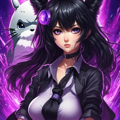 Prompt: <mymodel>High-res anime illustration of a girl with symbol-shaped pupils, black gloves, black hair, and clothing in shades of black and purple, with an absurd level of detail, ahoge hair, crossed bangs, blue eyes with a blush expression, collared shirt, hair ornament, focused gaze, best quality, ultra-detailed, anime, cute, detailed eyes, professional, atmospheric lighting, rainy day