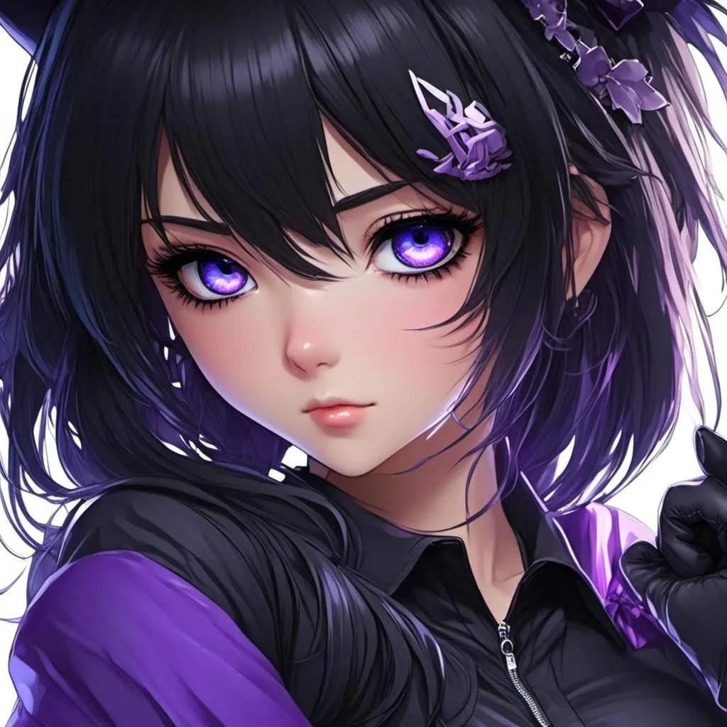 Prompt: <mymodel>High-res anime illustration of a girl with symbol-shaped pupils, black gloves, black hair, and clothing in shades of black and purple, with an absurd level of detail, ahoge hair, crossed bangs, blue eyes with a blush expression, collared shirt, hair ornament, focused gaze, best quality, ultra-detailed, anime, cute, detailed eyes, professional, atmospheric lighting, rainy day