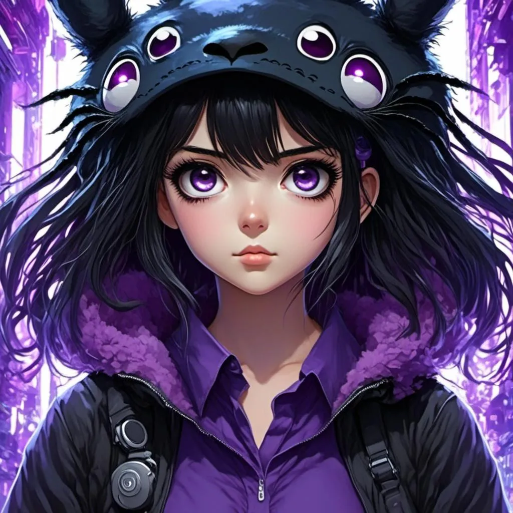 Prompt: <mymodel>High-res anime illustration of a girl with symbol-shaped pupils, black gloves, black hair, and clothing in shades of black and purple, with Totoro an absurd level of detail, ahoge hair, crossed bangs, blue eyes with a blush expression, collared shirt, hair ornament, focused gaze, best quality, ultra-detailed, anime, cute, detailed eyes, professional, atmospheric lighting, rainy day