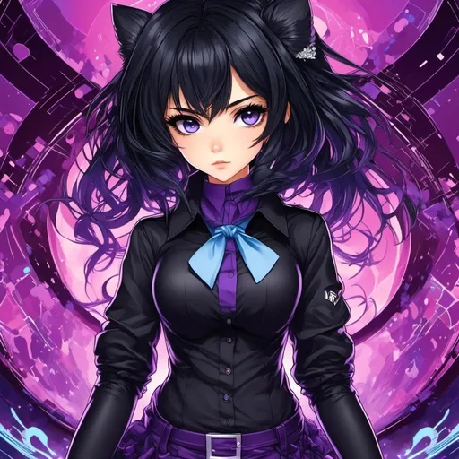 Prompt: <mymodel>High-res anime illustration of a girl with symbol-shaped pupils, black gloves, black hair, and clothing in shades of black and purple, with an absurd level of detail, ahoge hair, crossed bangs, blue eyes with a blush expression, collared shirt, hair ornament, focused gaze, best quality, ultra-detailed, anime, cute, detailed eyes, professional, atmospheric lighting, rainy day