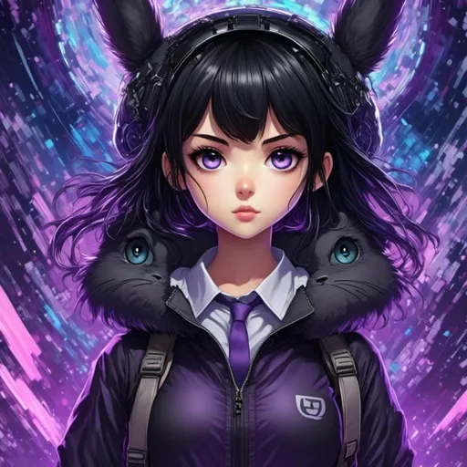 Prompt: <mymodel>High-res anime illustration of a girl with symbol-shaped pupils, black gloves, black hair, and clothing in shades of black and purple, with Totoro an absurd level of detail, ahoge hair, crossed bangs, blue eyes with a blush expression, collared shirt, hair ornament, focused gaze, best quality, ultra-detailed, anime, cute, detailed eyes, professional, atmospheric lighting, rainy day
