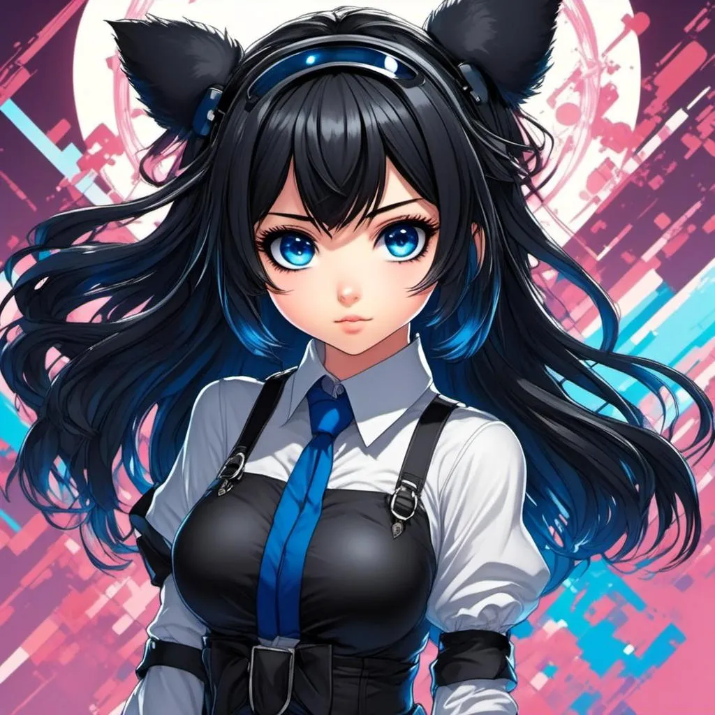 Prompt: <mymodel>High-res anime illustration of a girl with symbol-shaped pupils, black gloves, black hair, and clothing in shades of black and blue, with an absurd level of detail, ahoge hair, crossed bangs, blue eyes with a blush expression, collared shirt, hair ornament, focused gaze, best quality, ultra-detailed, anime, cute, detailed eyes, professional, atmospheric lighting, rainy day